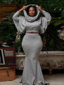 two-piece set women's solid batwing sleeve cropped hoodie & mermaid skirt two-piece set, casual fashion cozy long sleeve top & skirt for daily wear, two piece set women, winter set clothes women, womenswear, ladies spring & fall suits, birthday gifts