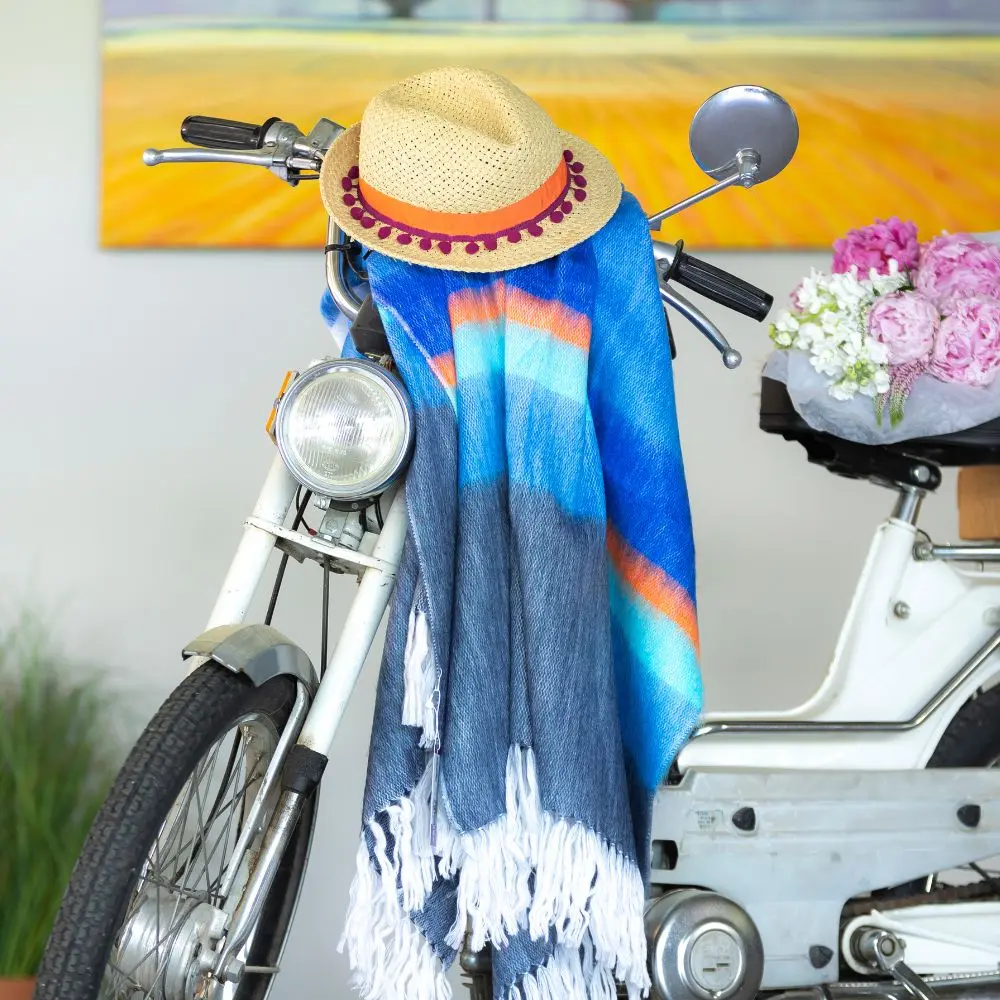 Handwoven Alpaca Throw Blanket From Ecuador - Vibrant Blues, Hot Pink, Orange & White - Kallpa Collection