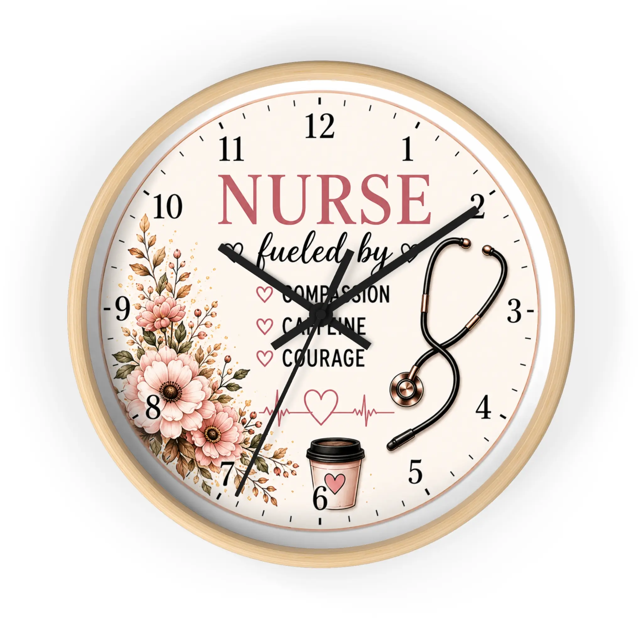 Nurse-Fueled-by-Compassion Wooden Hanging Analog Clock with Stethoscope, Floral Design, Metal Hook for Nursing Home Decor