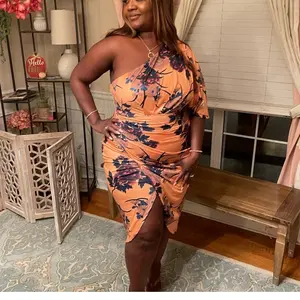 Women's One Shoulder Apricot Polynesian Cocktail Dress with Purple Flowers - Formal Dress -  Elegance Womenswear club