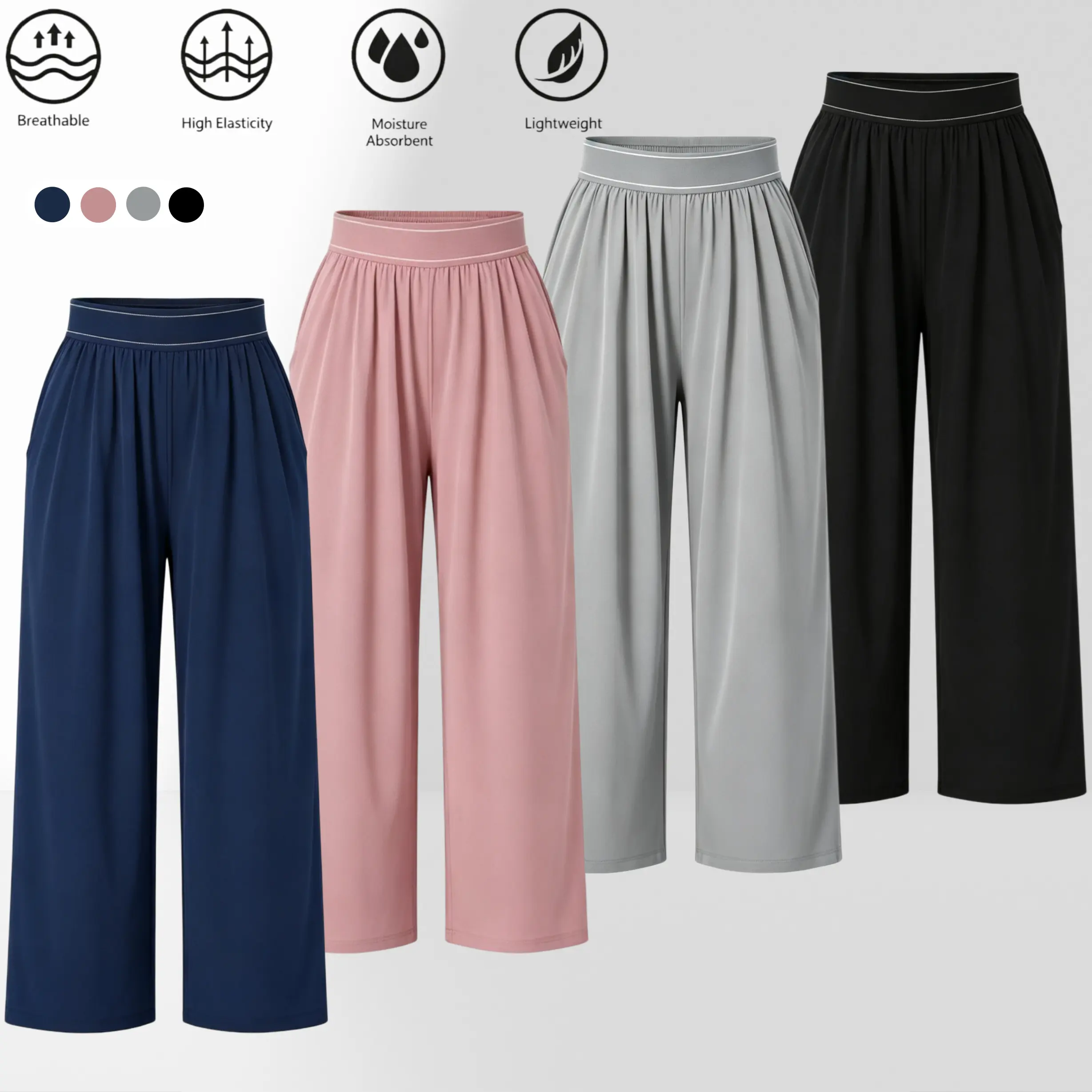 Women's breathable high-elasticity moisture-wicking lightweight and comfortable wide-leg pants, women's lightweight breathable trousers - soft fabric, elastic waistband, very suitable for casual wear, daily commuting, outdoor shopping
