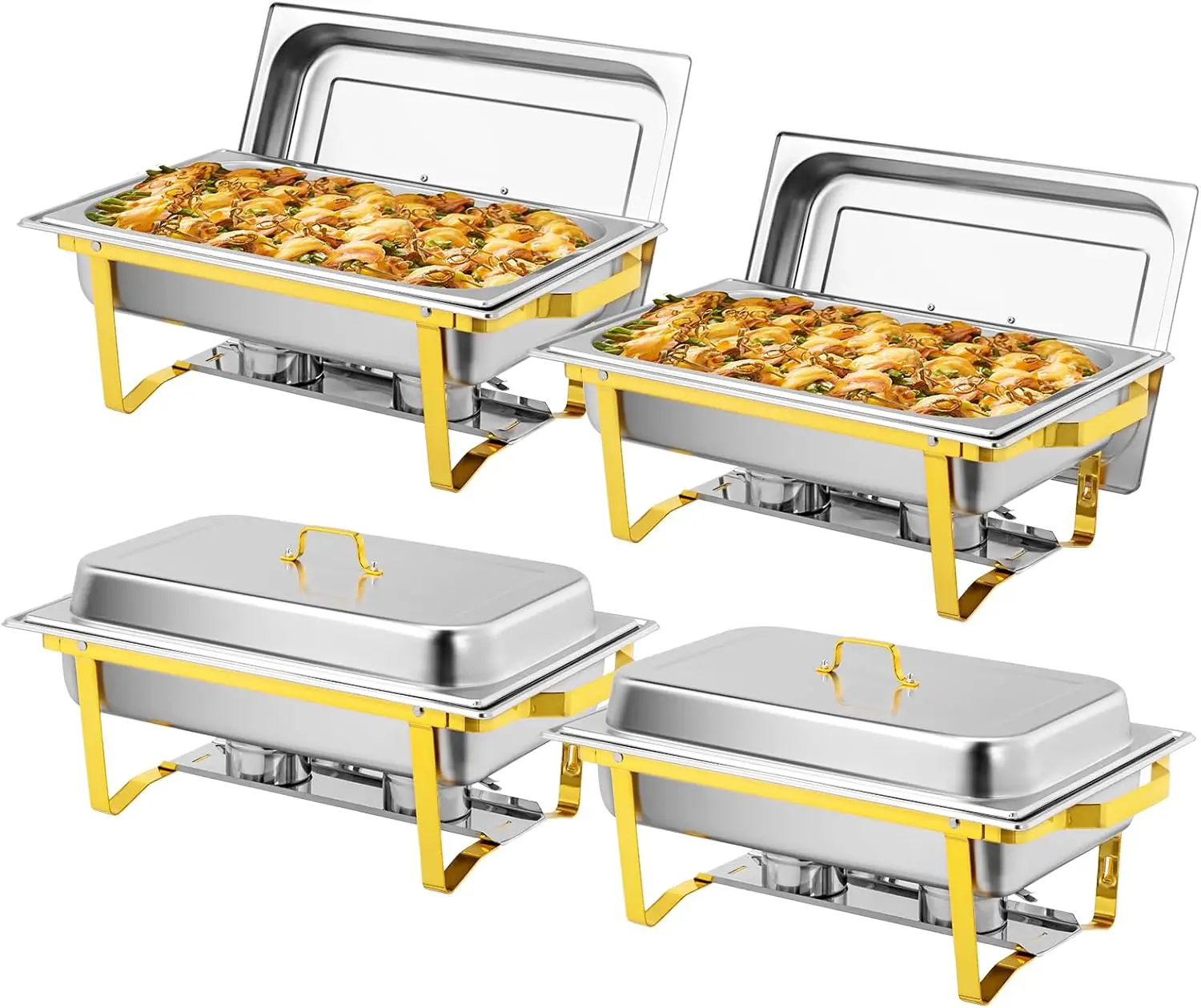 ROVSUN 2/4 Packs Gold Chafing Dishes for Buffet, 9QT High Grade Chafing Dish Buffet Set, Rectangular Stainless Steel Chafers and Buffet Warmers Sets f