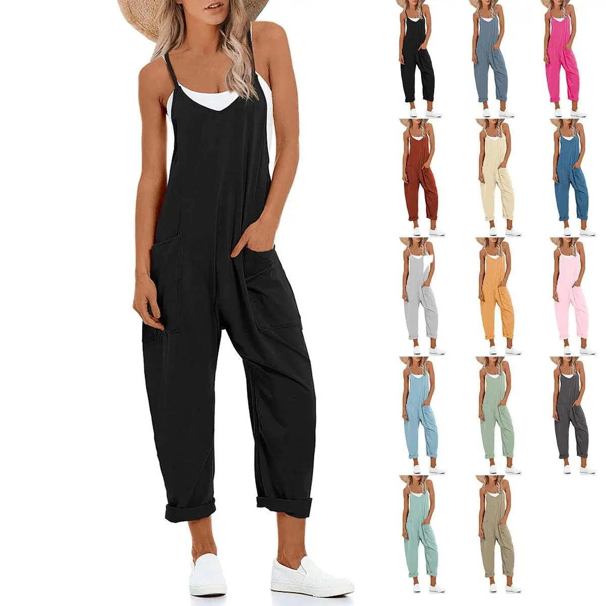 JOVENPARA Women's Basic Casual Jumpsuit, Stretchy V-Neck Sleeveless Harem Romper with Pockets and Adjustable Straps, Solid Color Jumpsuit, Harem Pants, Jumpsuits For Women