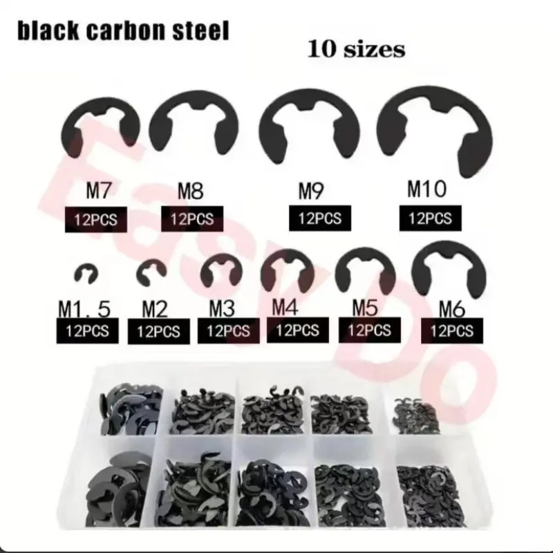 120-Piece E-Type Retaining Ring Set, Heat-Treated Outer Rings, Manganese Steel, Enhanced Durability, 10 Sizes, Suitable for Bearings, Gears, Pulleys, Shafts