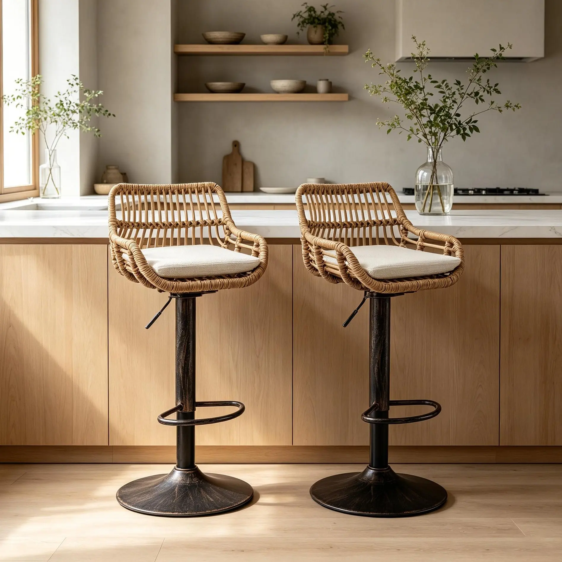 Rattan Bar Stools Set of 2, Woven Counter Height Stools with Back, Modern Farmhouse Kitchen Island Chairs with Metal Legs, Adjustable Height Hydraulic Counter Stool, Upholstered Dining Chairs for Kitchen Island, Home Bar