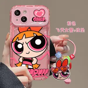The Powerpuff Girls Phone Case With Charm Is Suitable For iPhone 17 Pro Max, 16, 15 Plus, 14, 13, 12, And 11 Pro. It Features A Flip-Open Mirror And Is Made Of Silicone.