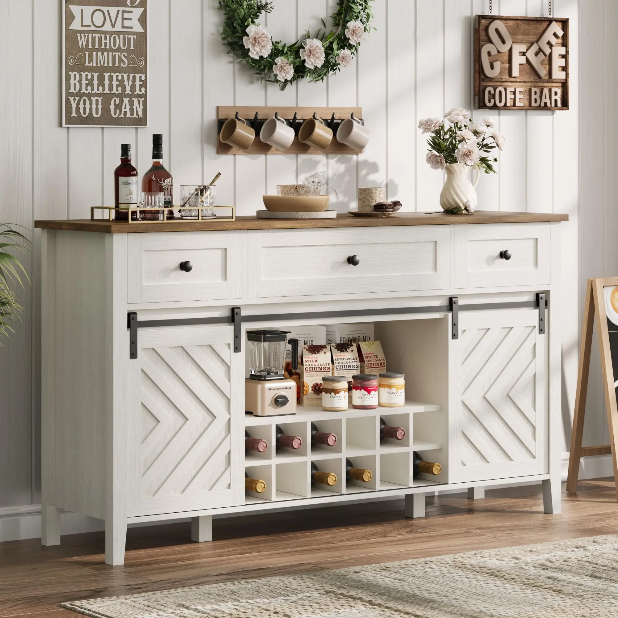 Farmhouse Buffet Cabinet with Sliding Barn Door, Rustic White & Brown Sideboard with 3 Drawers, Adjustable Shelf & Removable Wine Rack, Flexible Storage for Dining Room, Kitchen & Living Room, 47.2''/59'' Wide