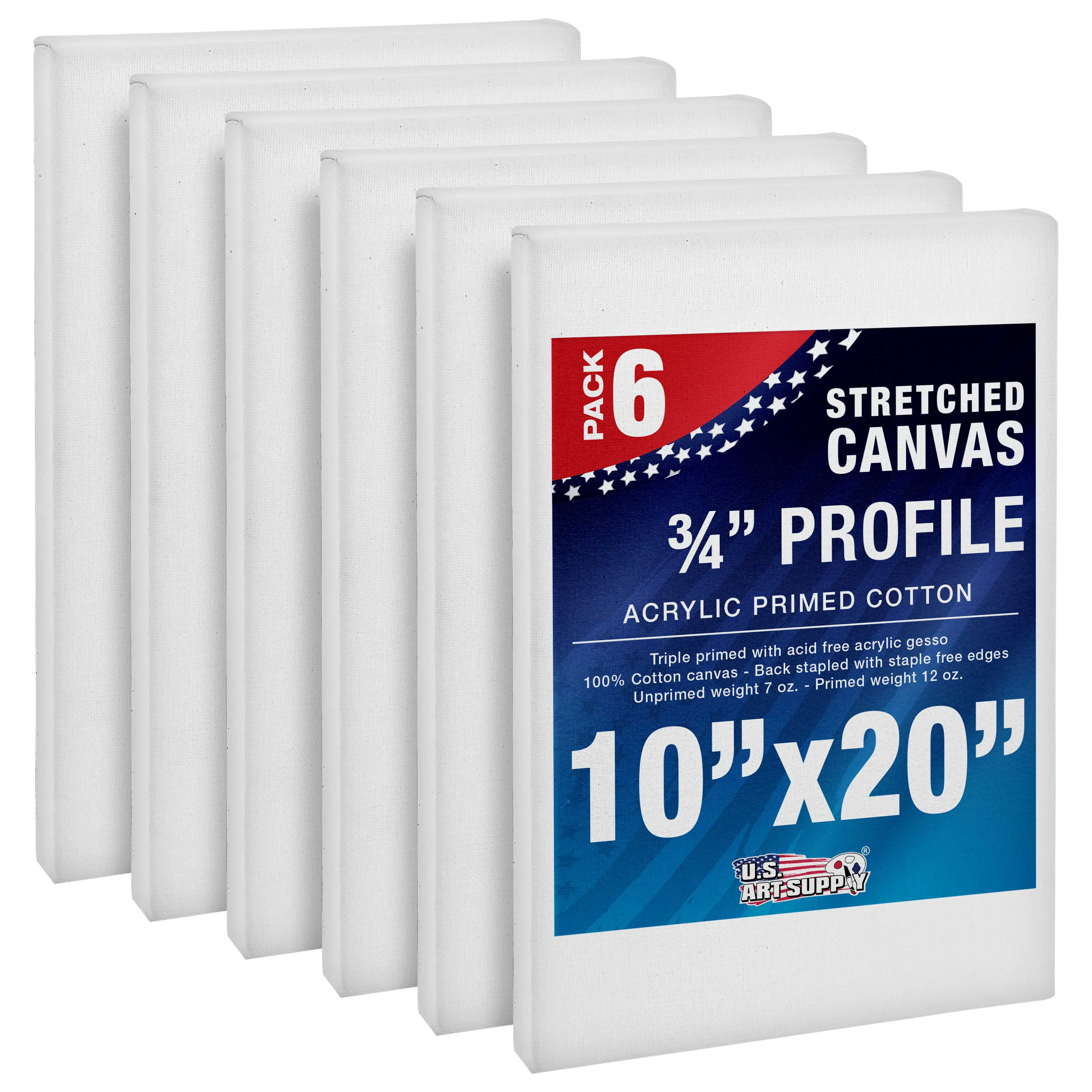 10 x 20 inch Stretched Canvas 12-Ounce Triple Primed, 6-Pack - Professional Artist Quality White Blank 3/4" Profile, 100% Cotton, Heavy-Weight Gesso