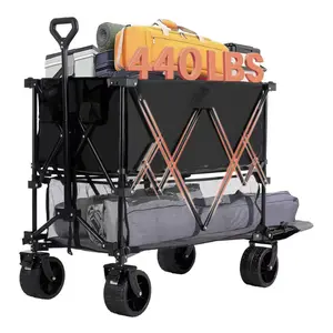 Double Decker Wagon with Brakes, 440 lbs Heavy Duty Folding Utility Cart, 400L Large Capacity Collapsible Garden Wagon with 7 Inch All-Terrain Wheels, Foldable Beach Cart for Shopping Camping
