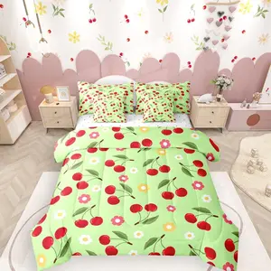 Green Cute Floral Bedding Set,Girls,Red Cherry 7 Piece Comforter Bed Set,Bed Bag,Kawaii Flowers Comforter,and Sheets,Preppy Sweet Fruit Bed Set,Light Bed Set