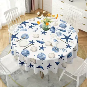 Coastal Sea Shell & Starfish Round Tablecloth  Waterproof & Spill-proof Aesthetic Tablecloth for Beach House Decor (60-Inch)