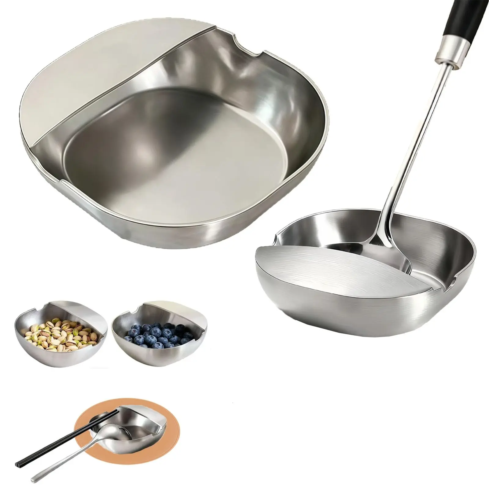304 Stainless Steel Spoon Rest & Multipurpose Kitchen Utensil Holder, Self-Standing Ladle Holder with Stable Base, Non-Slip Tray, Easy Clean Countertop Accessory for Spatulas and Spoons