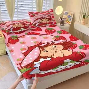 3pc Sweet Strawberry Girl Fitted Sheet Set, Anti-Slip Fixed, Comfortable Skin-Friendly, All Ages Universal, Fashion Home Gift, Bedsheet