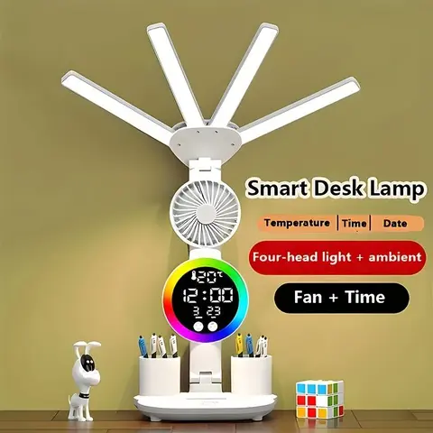 LED Desk Lamp with Fan, Desk Lamp for College Dorm, Dimmable Colorful Led Lights, USB Charging Port, Adjustable Folding with Clock Date, Pen Holder, Temperature, Home Office Modern Computer Lamp Multifunctional Lighting