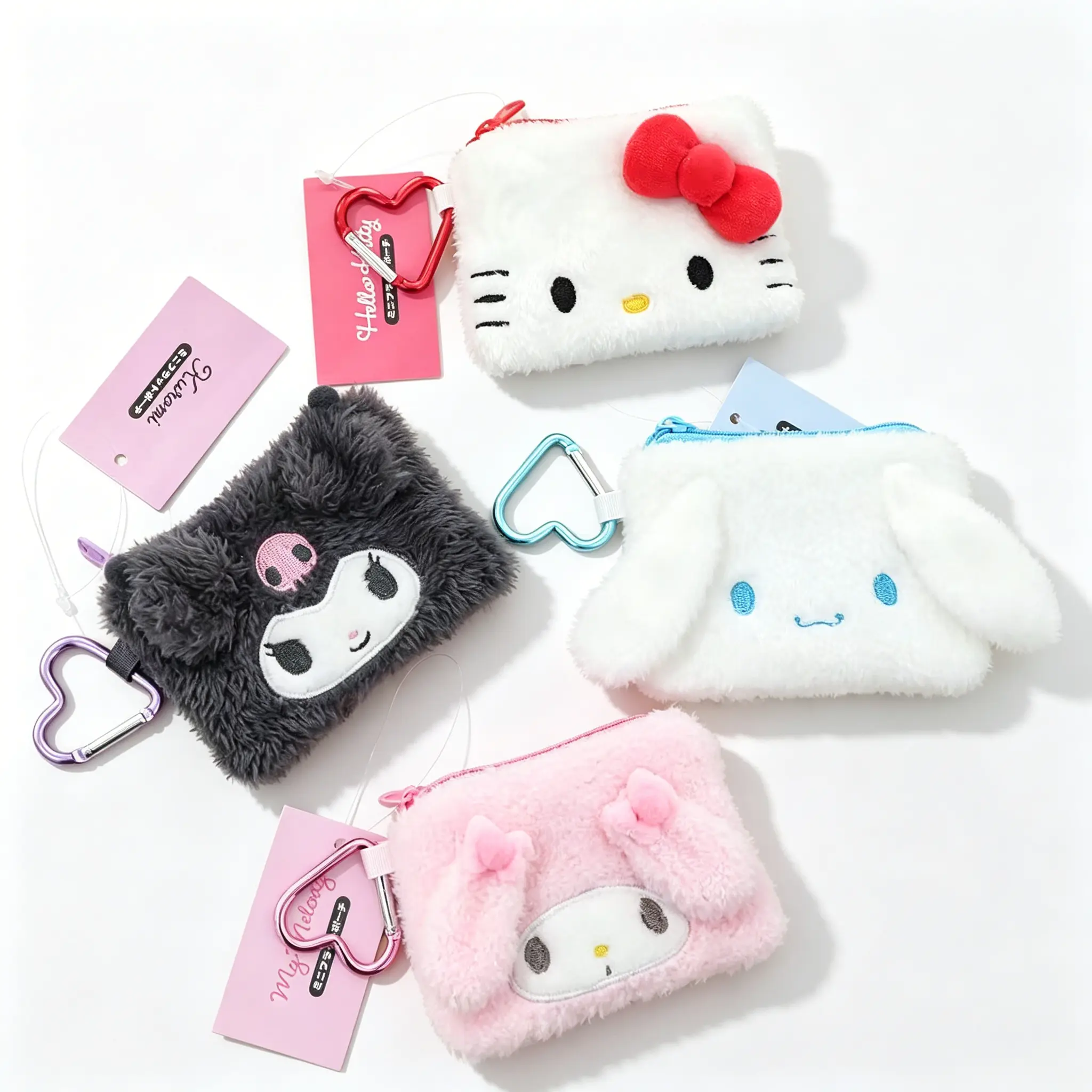 Kawaii Hello Kitty Character Shaped Plush Wallet Keychain, Compact Portable Size, Detachable Metal Keyring, Adorable Cartoon Design, Ideal Daily Carry Mini Purse for Backpack Handbag Pendant