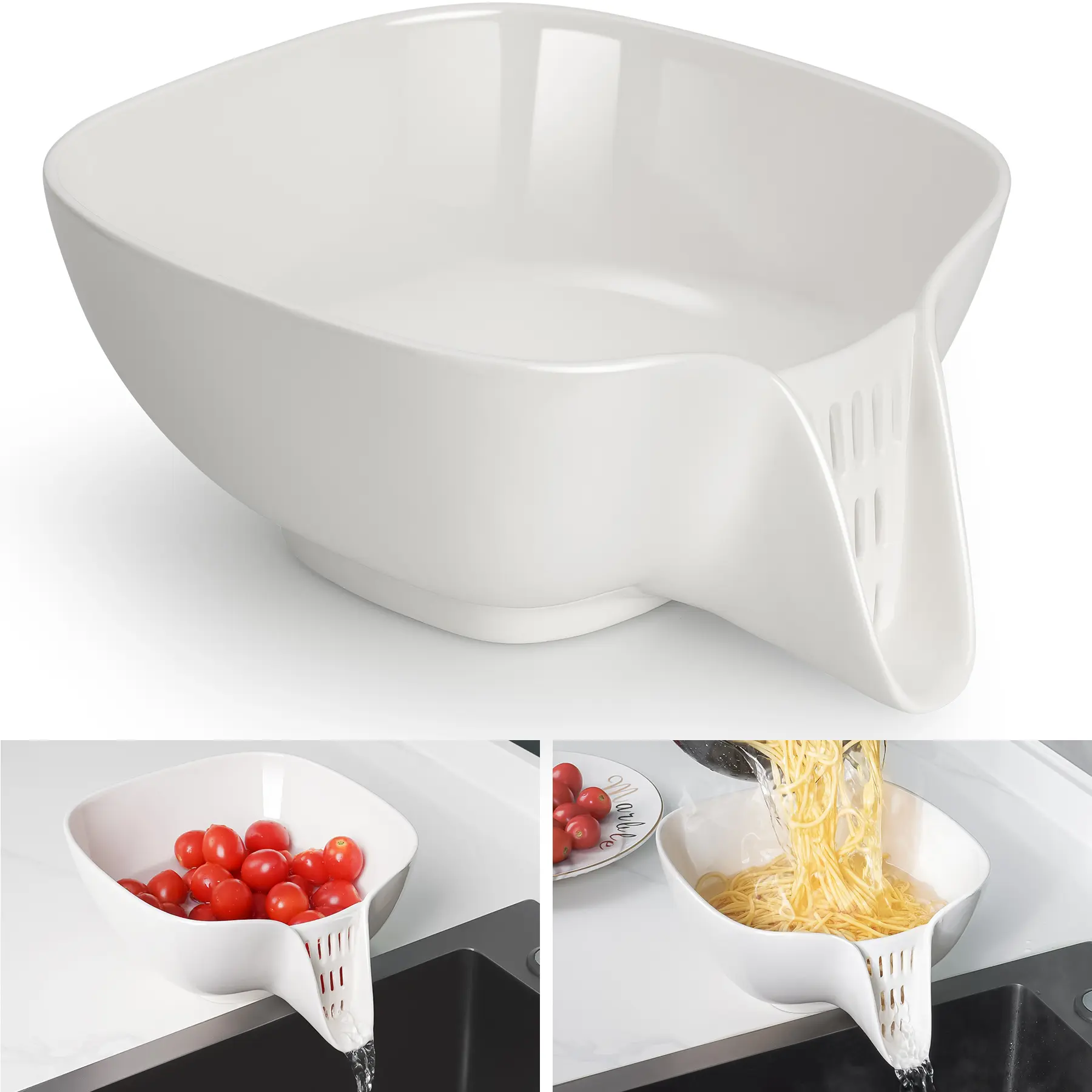 NiHome Multifunctional Ceramic Food Colander Kitchenware with Integrated Drain Spout, Larger Size Design Rinsing Bowl, Household Kitchen Supplies for Vegetables, Fruits