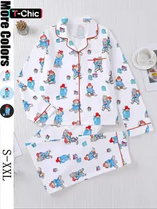 Cute Doll Bear Print Women's Pajama Sleepwear Set, Long Sleeve Button Front Top and Loose Elastic Pants, Casual All-Season Loungewear Homewear