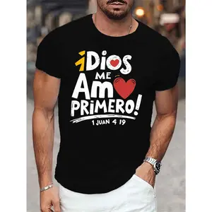 T-Shirt with 'God Loved Me First' Print, Men'S Tees, Casual Short Sleeve Shirt for Summer Wear