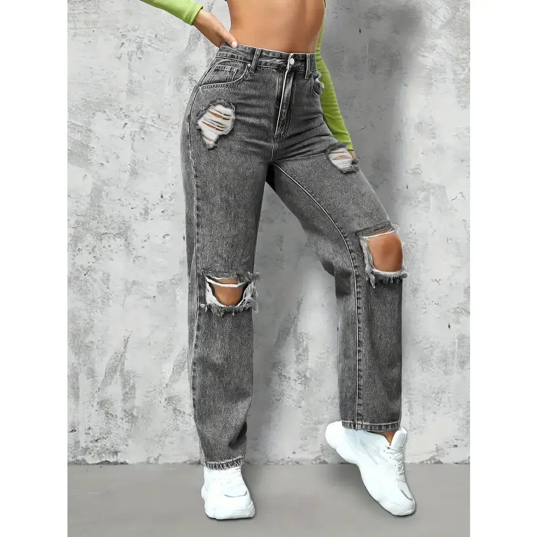 High Rise Loose Fit Ripped Jeans - Vintage Grey Baggy Street Style