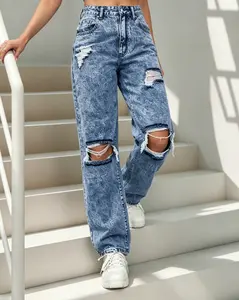 Women Baggy Ripped Jeans Destroyed Wide Leg Retro Denim Pants