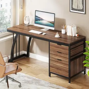 LITTLE TREE Computer Desk with 3 Drawers, 59-Inch PC Desk with Reversible Drawers, Industrial Study Writing Table Workstation with File Storage for Home Office