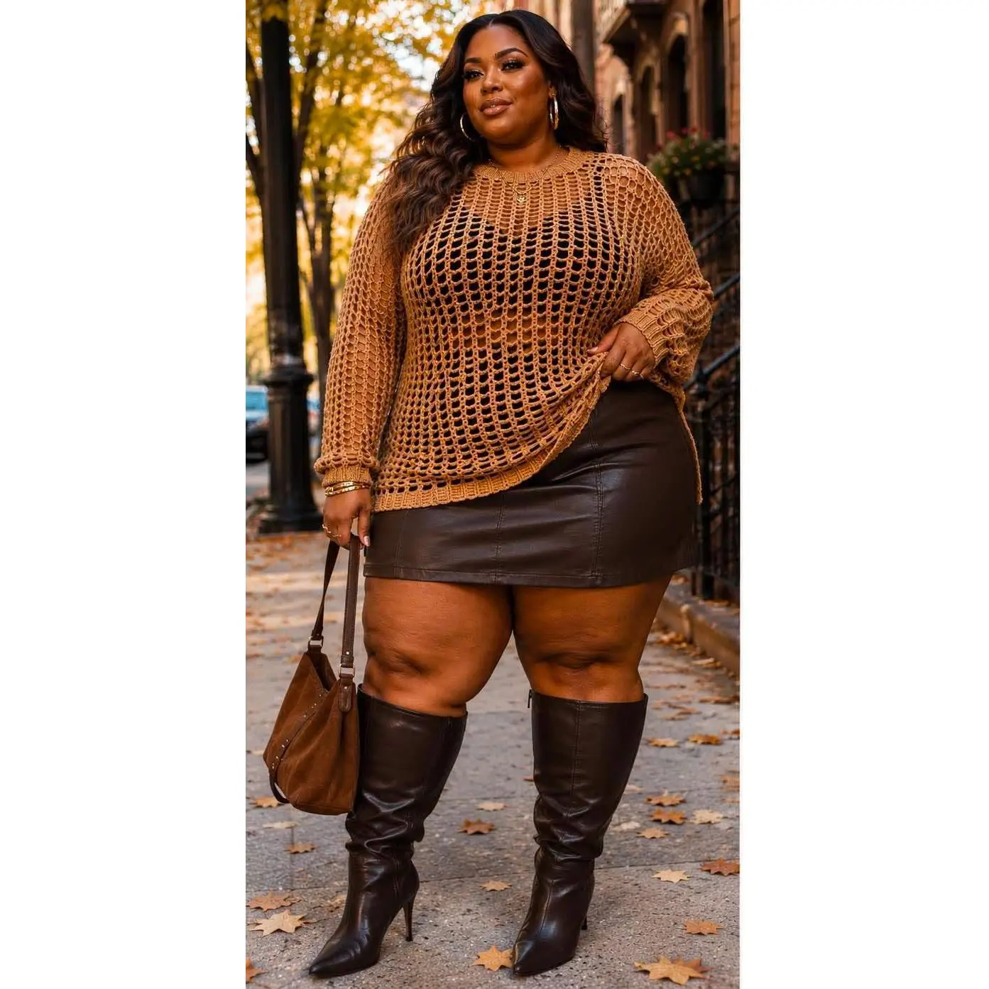 PLUS SIZE LONG SLEEVE CROCHET PULLOVER SWEATER-TAUPE