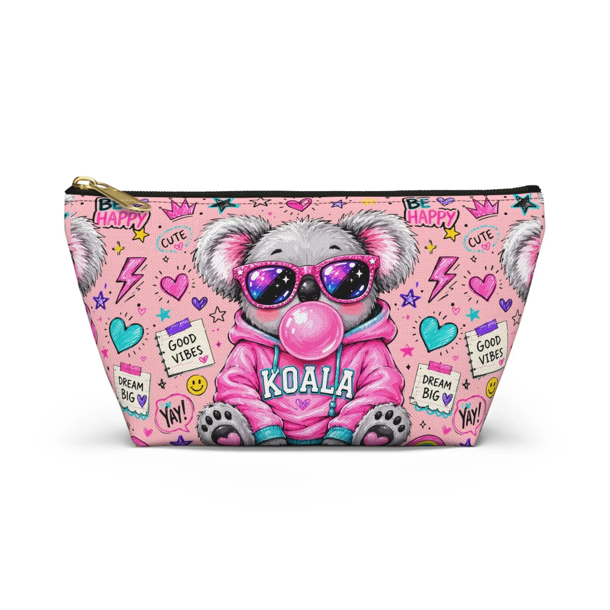 Pink T-Bottom Zipper Polyester Accessory Pouch - Playful Koala Hoodie Print, Good Vibes Vivid Design, Stickers, Roomy Everyday Makeup Bag