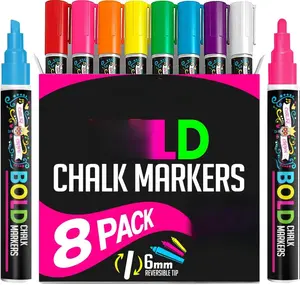 Liquid Chalk Markers for Blackboards - Bold Color Dry Erase Marker - Chalk Markers for Chalkboard Signs, Windows, Blackboard, Glass - 6mm Reversible Tip (8 Pack) - 24 Chalkboard Labels Included