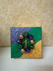 Mardi Gras Block Art 4x4 Handmade King Cake Decor with Purple Green Gold Design Gold Beads and Baby Detail for Festive Shelves and Tabletop Decor