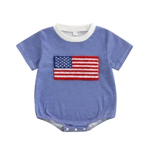Newborn Baby Boy 4th of July Outfit American Flag Embroidery Striped Waffle Short Sleeve Bubble Romper Bodysuit