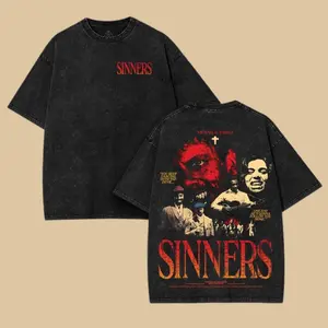 Sinners Movie T-Shirt, Vintage Movie Unisex Horror Action Film Acid Washed Hoodie Tshirt Cotton Graphic Tee Shirt, Causal Men Gifts Streetwear Casual