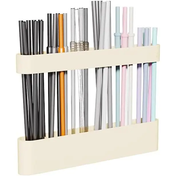 Straw Holder Self-Adhesive Straw Dispenser with 6 Slots  Drinking Straw Storage Organizer Kitchen Accessories Container for Cabinet Fridge Cupboard Door (White)