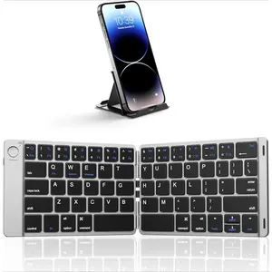 SQ-KBB002-GJ Foldable Bluetooth Keyboard - Portable Wireless Keyboard with Stand Holder, Rechargeable Full Size Ultra Slim Folding Keyboards Compatible IOS Android Windows Smartphone Tablet & Laptop-Silver