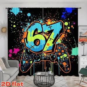 2D Flat 2Pcs Graffiti Style Gamer Window Curtains with Gamepad & Splash Ink Print, Funky Semi-Sunshade Polyester Fiber Drapes for Living Room Bedroom Decor, Rod Pocket Treatment, Anti-Privacy