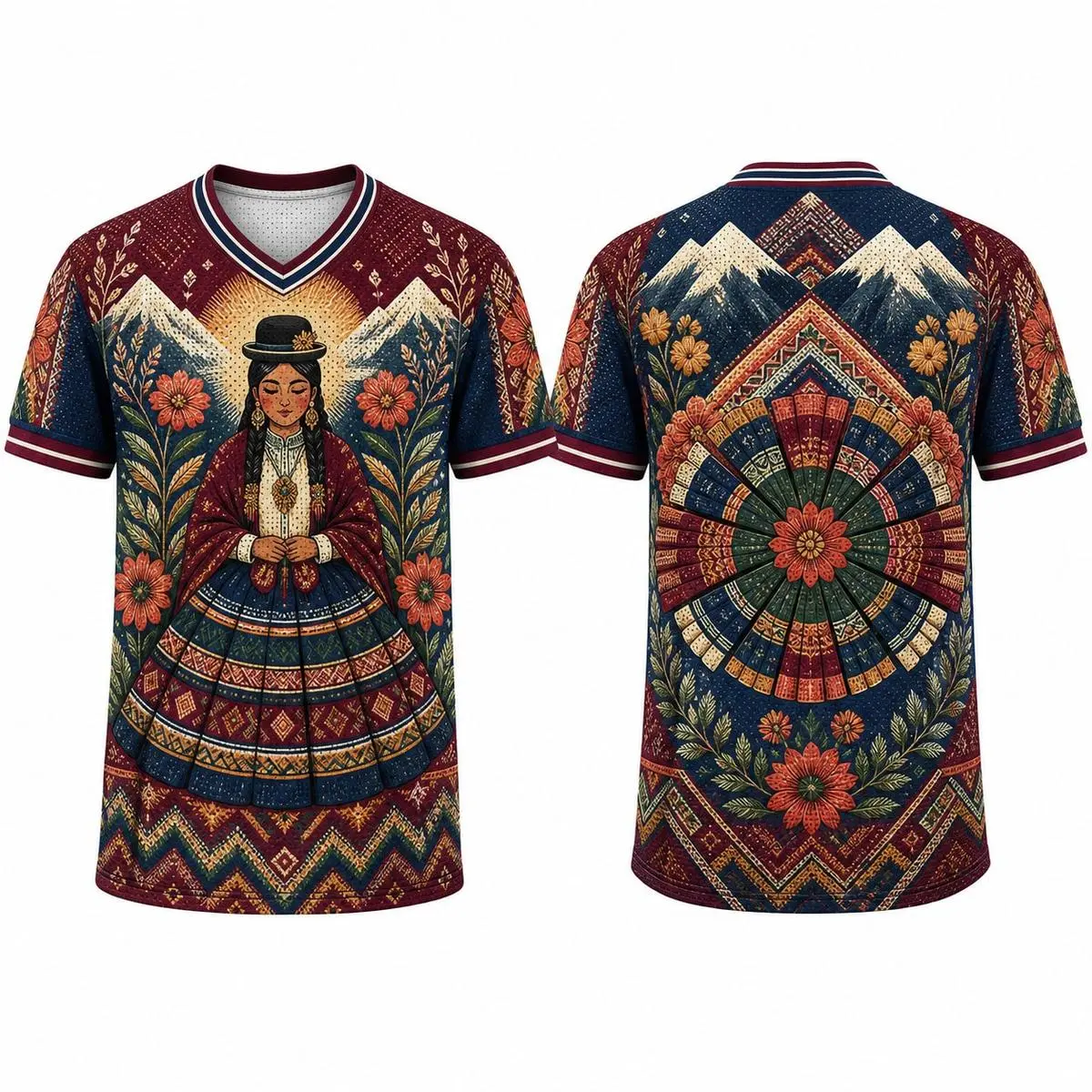 Hispanic Heritage Month Inspired Bolivian Cholita Inspired Art V Neck Mesh Shirt, All Over Print Short Sleeve Athletic Jersey, Unisex Cultural Streetwear for Men and Women