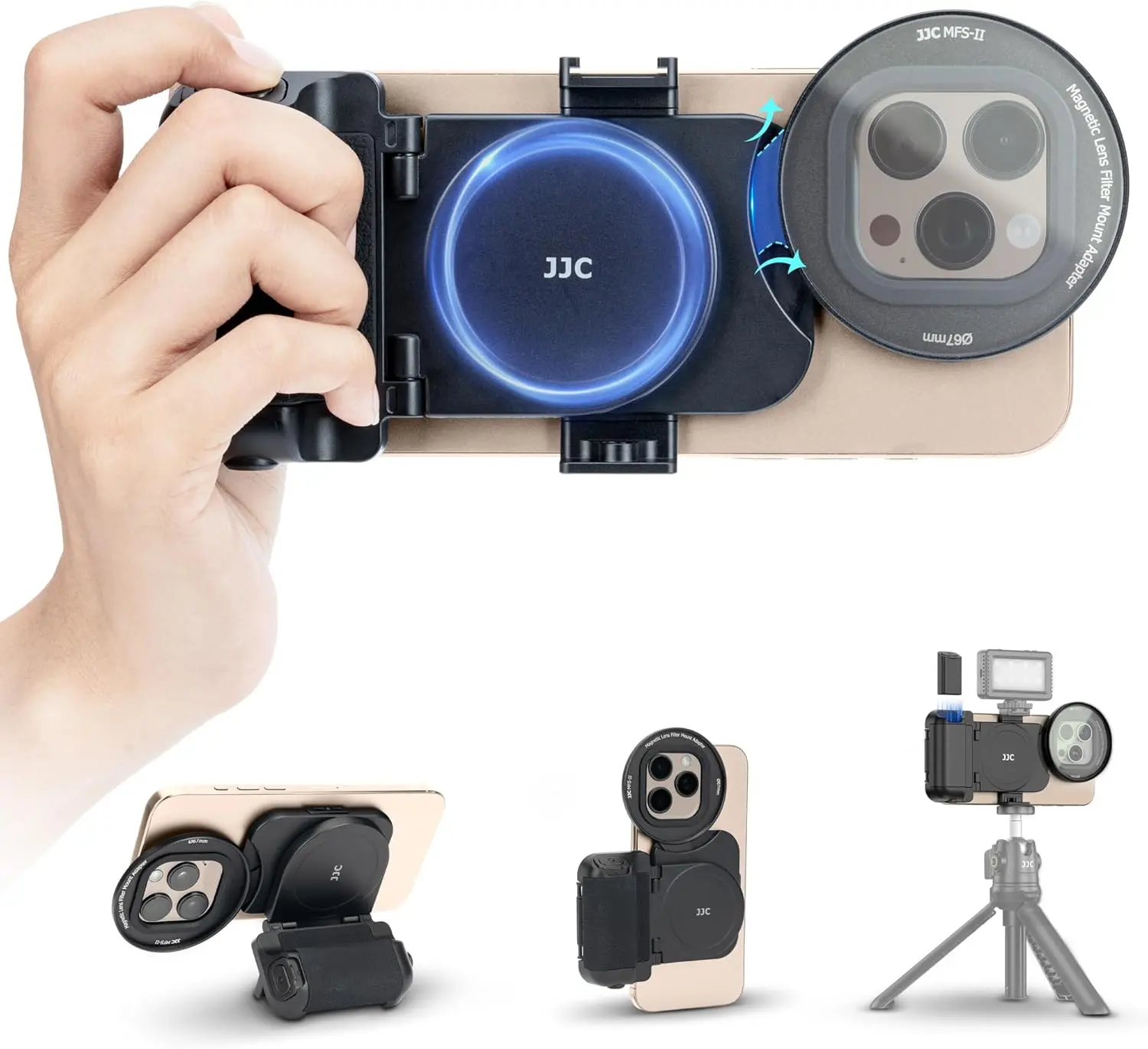 JJC 67mm Filter Adapter Camera Grip BlueTooth Remote Control Vlogging Kit for iPhone 16 15 14 13 12 Pro Max Magnetic Snap with Type-C Remote Shutter Control Cold Shoe Mount 1/4"-20 Threaded Hole for Vlogger Live Streamer(No Filters)