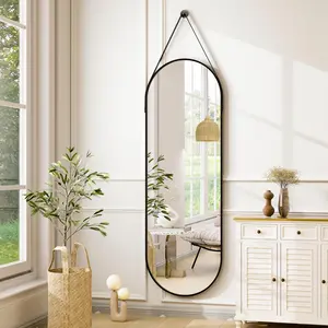 BEAUTYPEAK 16" x 48" Oval Hanging Mirror with Leather Strap, Aluminum Frame, Wall-Mounted Mirrors for Bathroom, Vanity, Living Room, Bedroom Decor