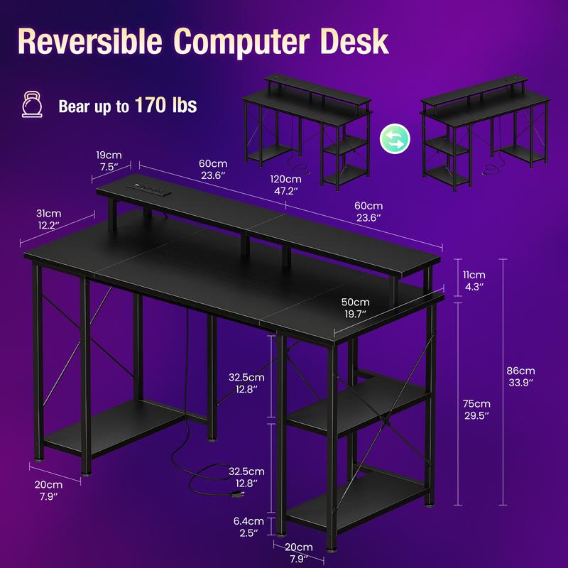 48 inch Gaming Desk with LED Lights & Power Outlets, Computer Desk with Monitor Stand & Storage Shelves, CPU Stand, Home Office Desk