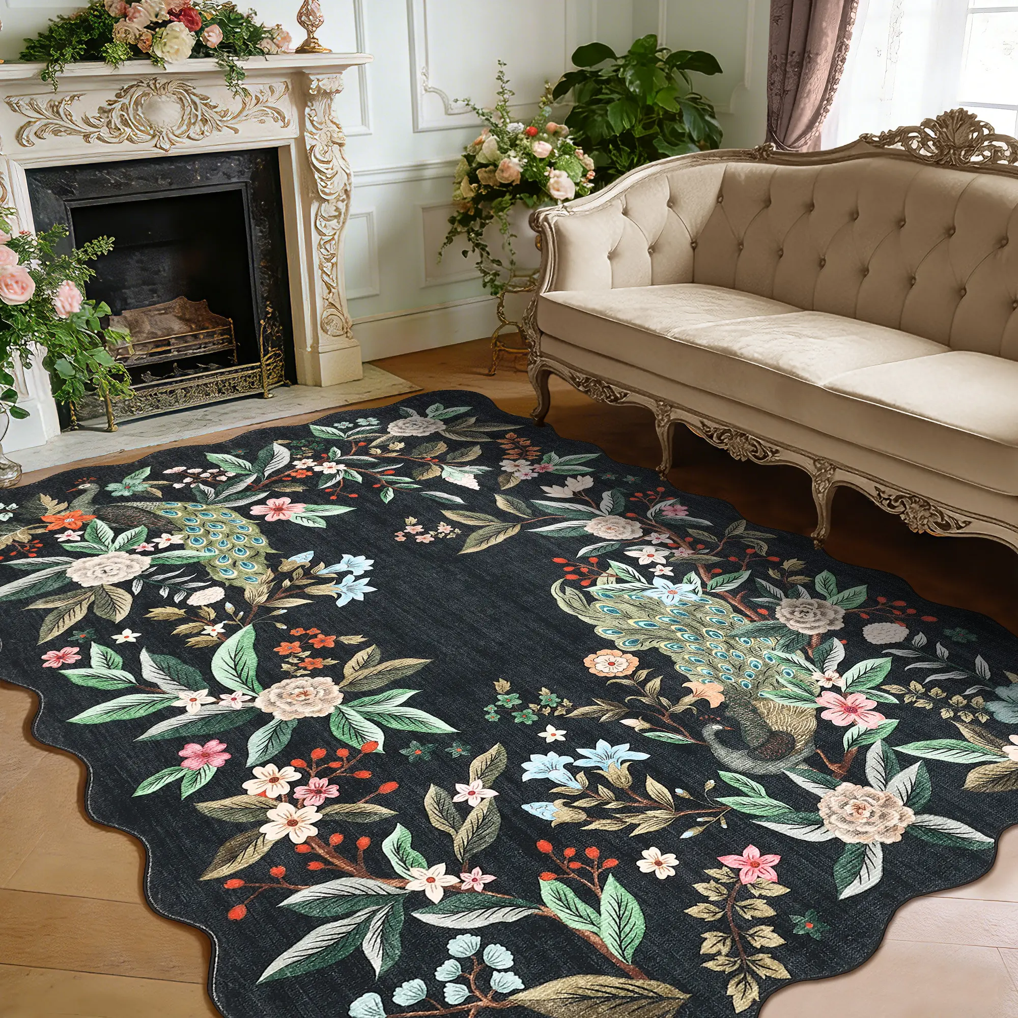 Fan-shaped Washable Peacock Print Rug Modern Floral Design Anti-Slip TPE Backing Soft Non-slip Large Size Foldable for Bedrooms Dining Rooms Playrooms Apartments Laundry Rooms Offices carpet floor decor