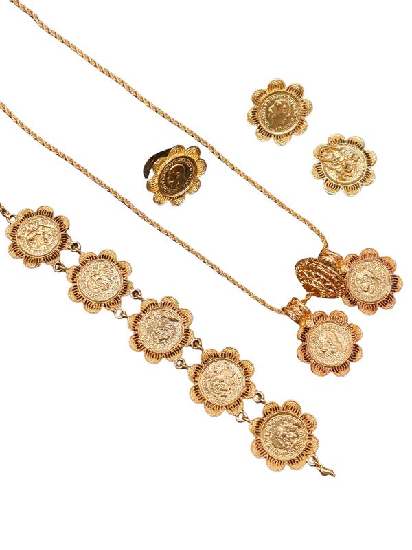 24K Gold Middle Eastern Luxury Vintage Coin Set: Multi-layered Bracelet, Necklace, Ring and Earring Collection - An Exclusive Celebratory Jewelry Gift for Women
