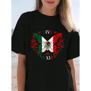 100% Cotton Summer Clothes Viva Mexico Butterfly Rose, Women, Men Mexican Independence T-Shirt Summer Outfits For Women