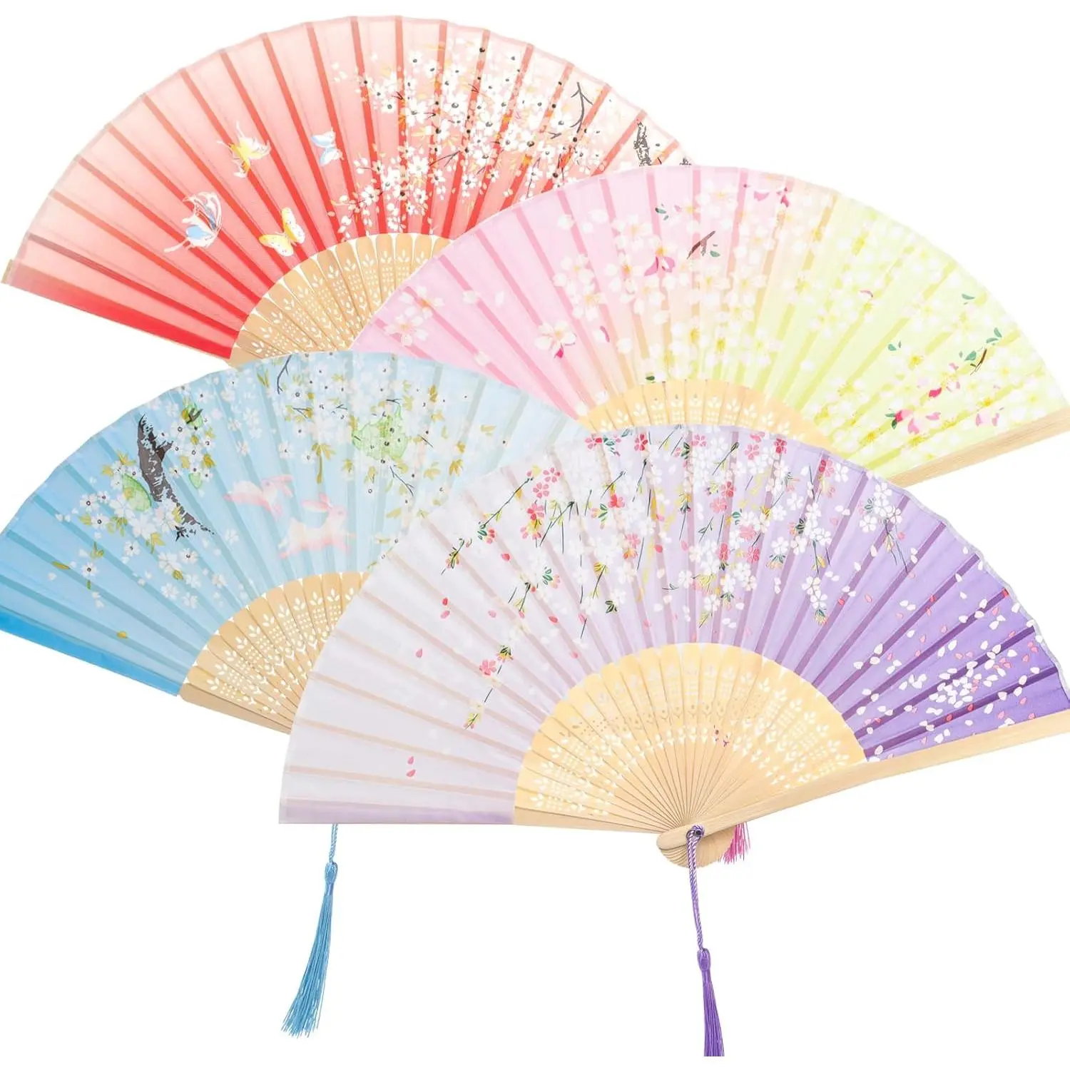 4 count Handheld Folding Silk Fan with Tassel, Floral Design, Manual,  Ribs, Accordion, Bulk for Women & Men, Music Festival, Dance Party Decoration