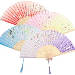 4 count Handheld Folding Silk Fan with Tassel, Floral Design, Manual,  Ribs, Accordion, Bulk for Women & Men, Music Festival, Dance Party Decoration