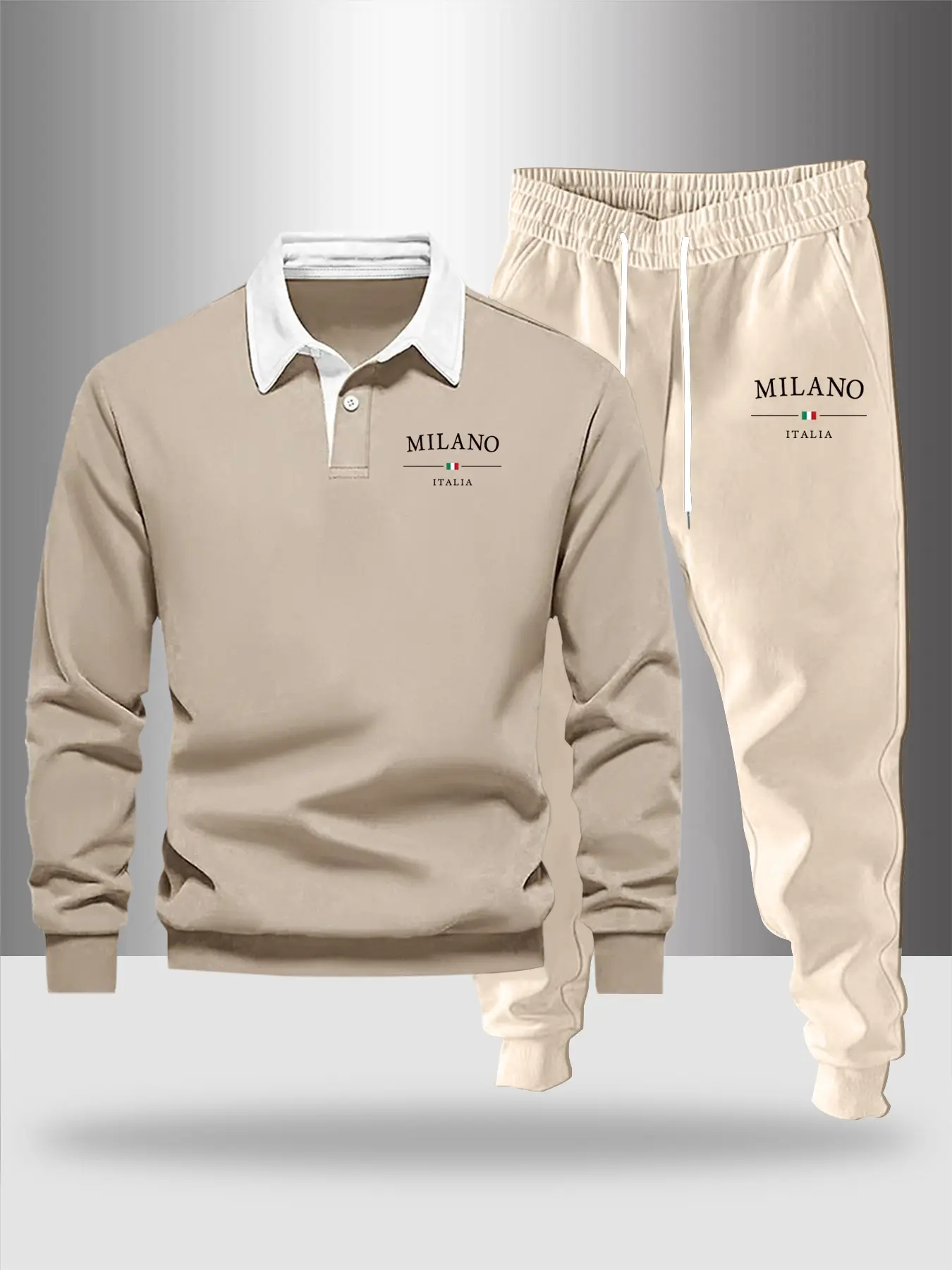 Men's Milano Letter Print Half Button Hoodie + Drawstring Pants Set, Casual Outdoor Fitted Two-Piece, Fall & Winter Style, Hooded Sweatshirt Set