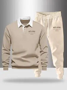 Men's Milano Letter Print Half Button Hoodie + Drawstring Pants Set, Casual Outdoor Fitted Two-Piece, Fall & Winter Style, Hooded Sweatshirt Set