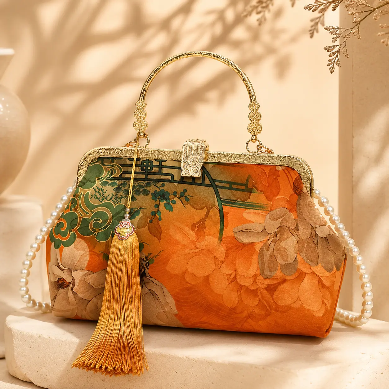 Women's Vintage Oriental Qipao Cheongsam Silk Elegant Handbag - Fashionable Purse, Casual, Colorblock, High-Capacity, Kiss Lock, Bamboo Handle, Lucky Persimmon Print, Retro Crossbody Shoulder Clutch Tote for Daily Outfits, Elegant Bags, All Seasons Handba
