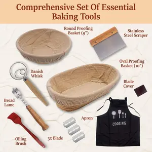 Sourdough Starter Kit - Bread Making Supplies Banneton Bread Proofing Basket Set of 2 with Cloth Covers, Bread Lame, Scraper, Whisk, & Basting Brush