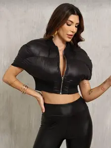 Nice Cropped Bubble Style Short Sleeve Zip Up Fitted Dressy Top Blouse Womenswear