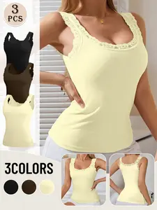 3 PCS Women's Lace Trim Camisole Tops Set, Spring Summer Slimming Skin-Friendly Sleeveless Tops, Versatile Base Layers For Home Loungewear & Outdoor Wear Underwear