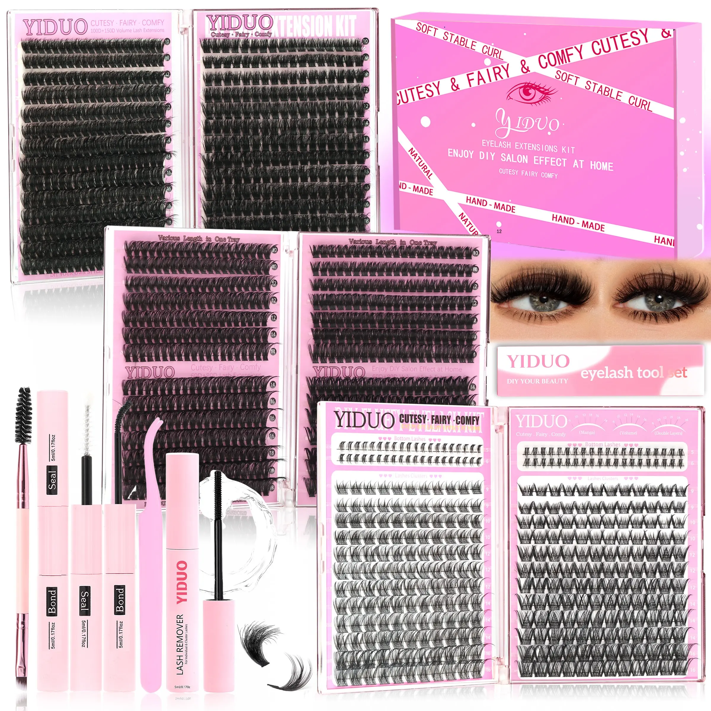 YIDUO 10-Style Eyelash Cluster Kit | 60D/80D/100D/150D Fairy/Wispy/Volume Cluster Eyelashes & Bottom Lashes | 5-18mm D Curvature | 1434 Pcs Complete DIY Eyelash Extensions Kit with Bond, Seal, Remover, Tweezers &Lash Brush